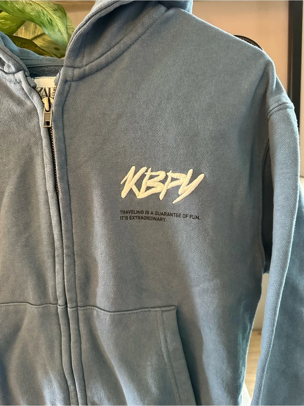 Zara Blue Full-Zip Hoodie with White Chest Script